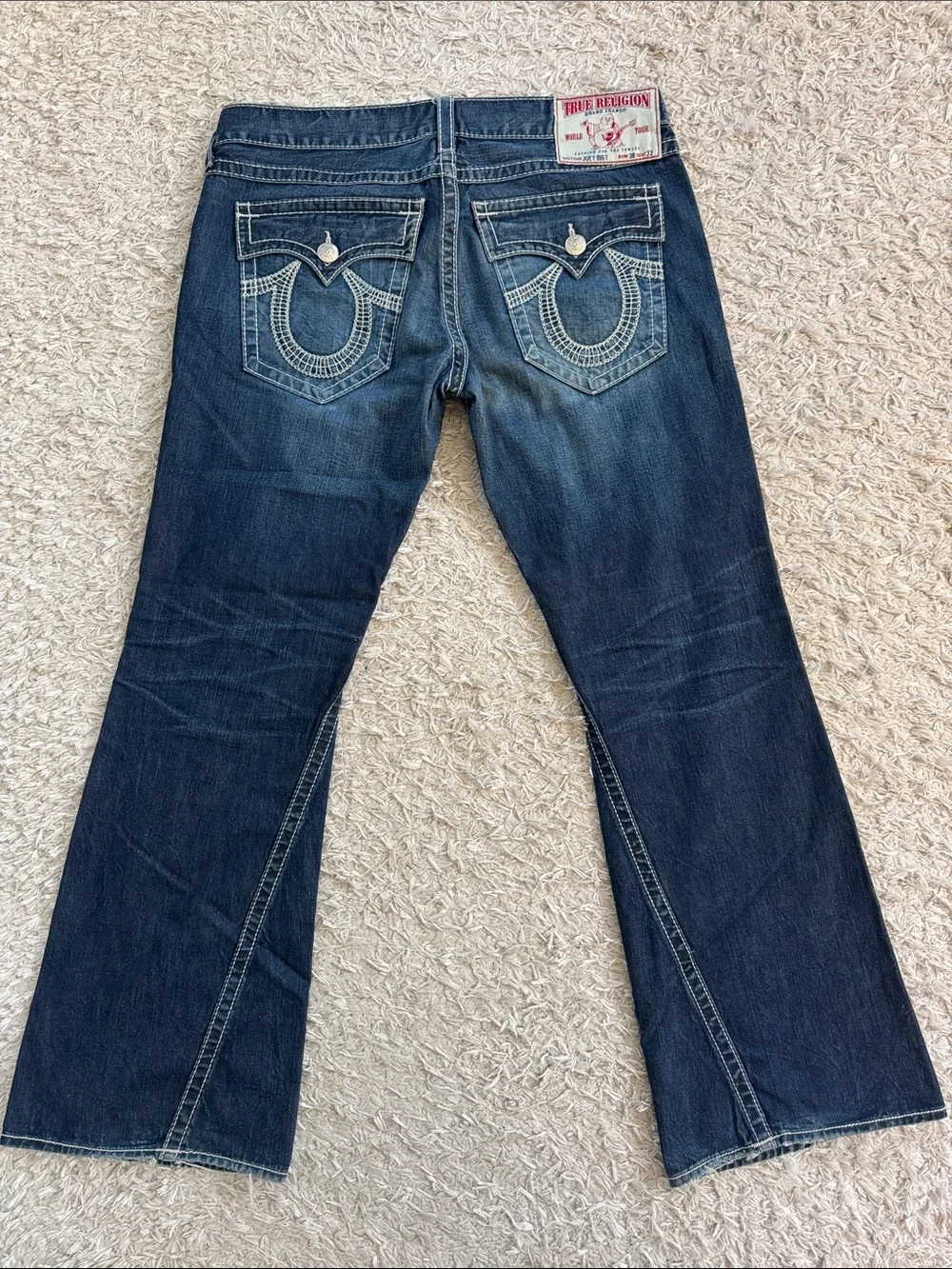 True Religion Dark Blue Flare Jeans with Contrast Stitching